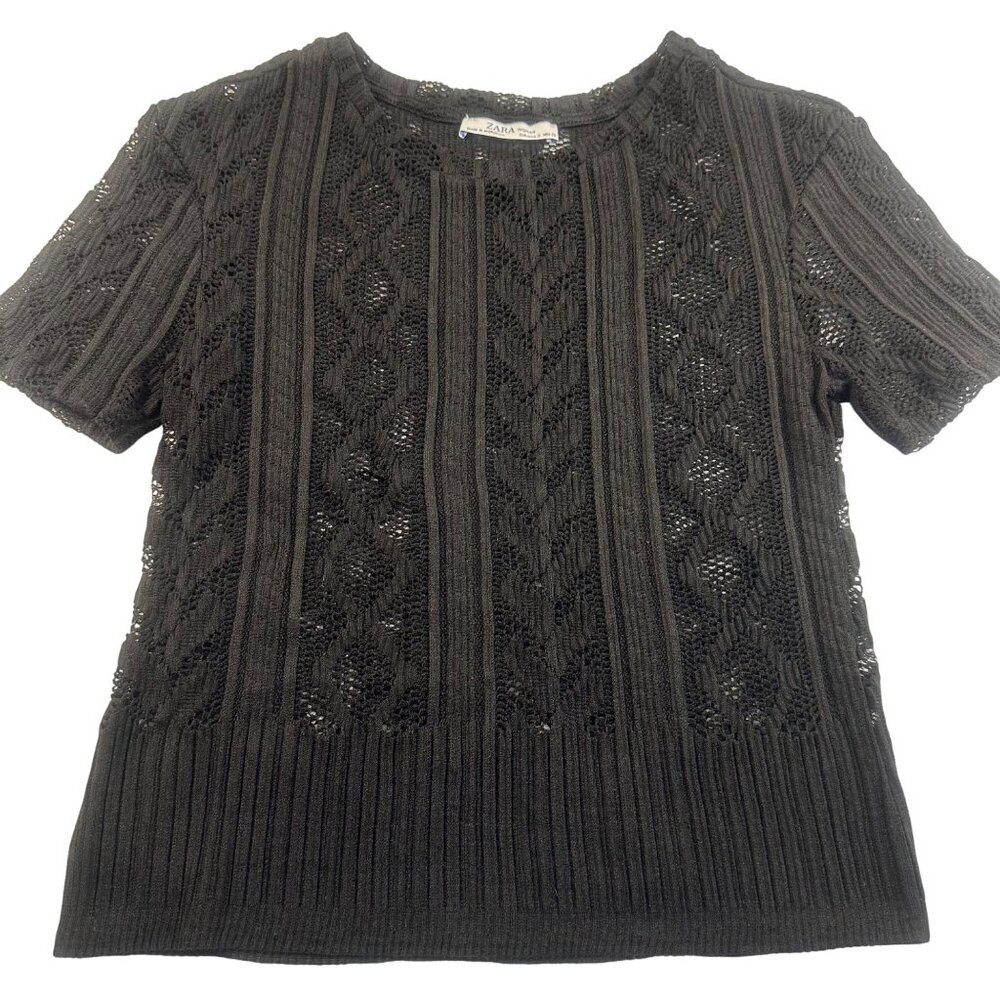 Zara Black Lace Knit Short-Sleeve Womens Top Size S Ribbed Hem Elegant Design - Picture 11 of 16